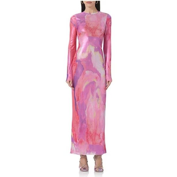 AFRM Slinky Lg Slv Maxi Bodycon Painted Orchid Pink Irridescent Oil Spill Dress - Picture 1 of 12